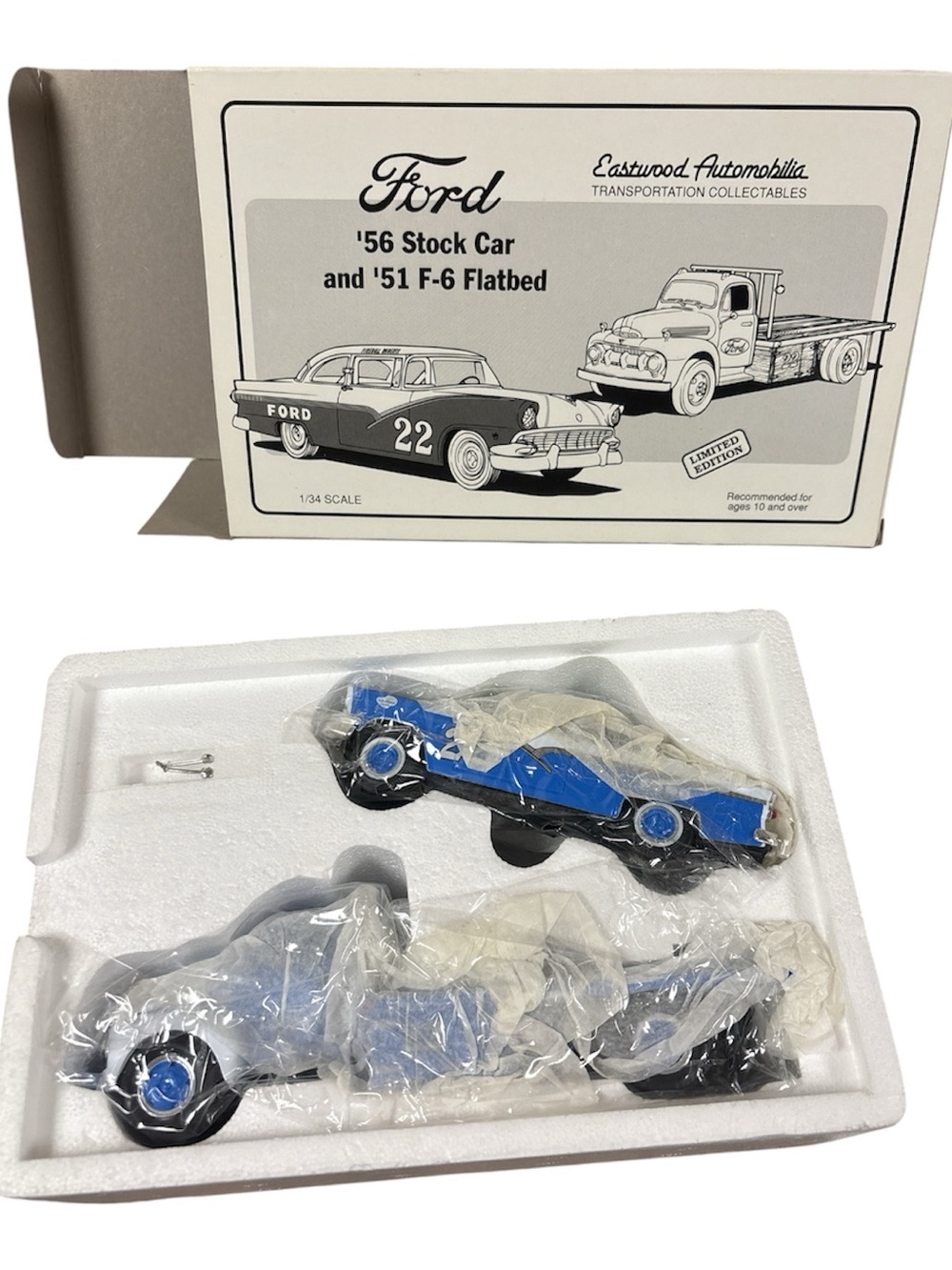 Ford Blue '56 Stock Car & Blue '51 F-6 Flatbed Toy Set
